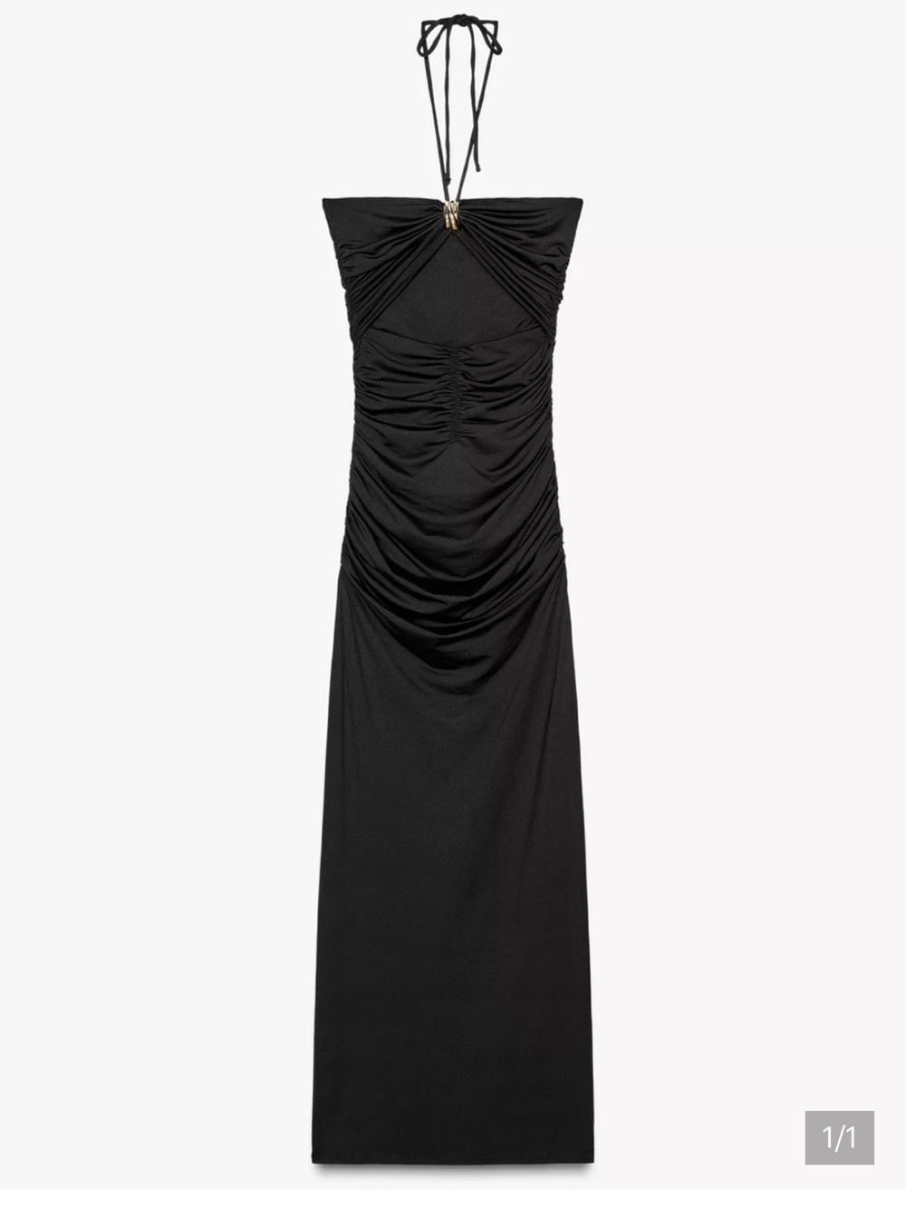 Zara Black Halter Ruched Maxi with Gold Accent